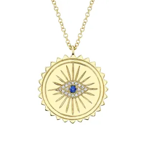 14K Yellow Gold Sapphire & Diamond Evil Eye Medallion Pendant Necklace