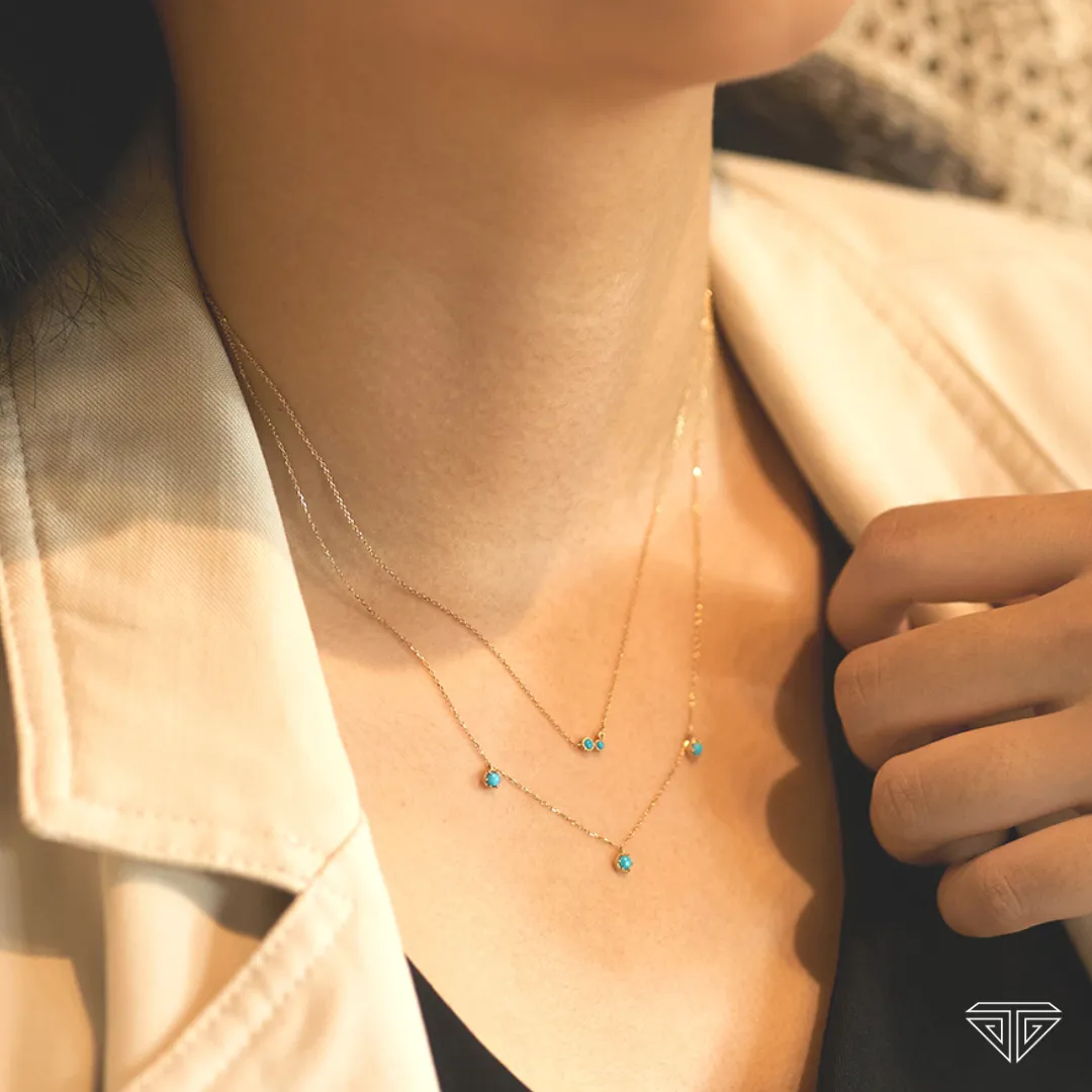 14K Yellow Gold Turquoise and White Sapphire Waterfall Necklace