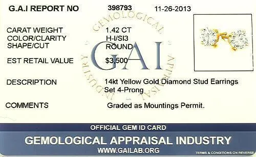 14K Yellow Solid Gold Classic Unisex Diamond Four Prong Stud Earrings 1.42 Ctw