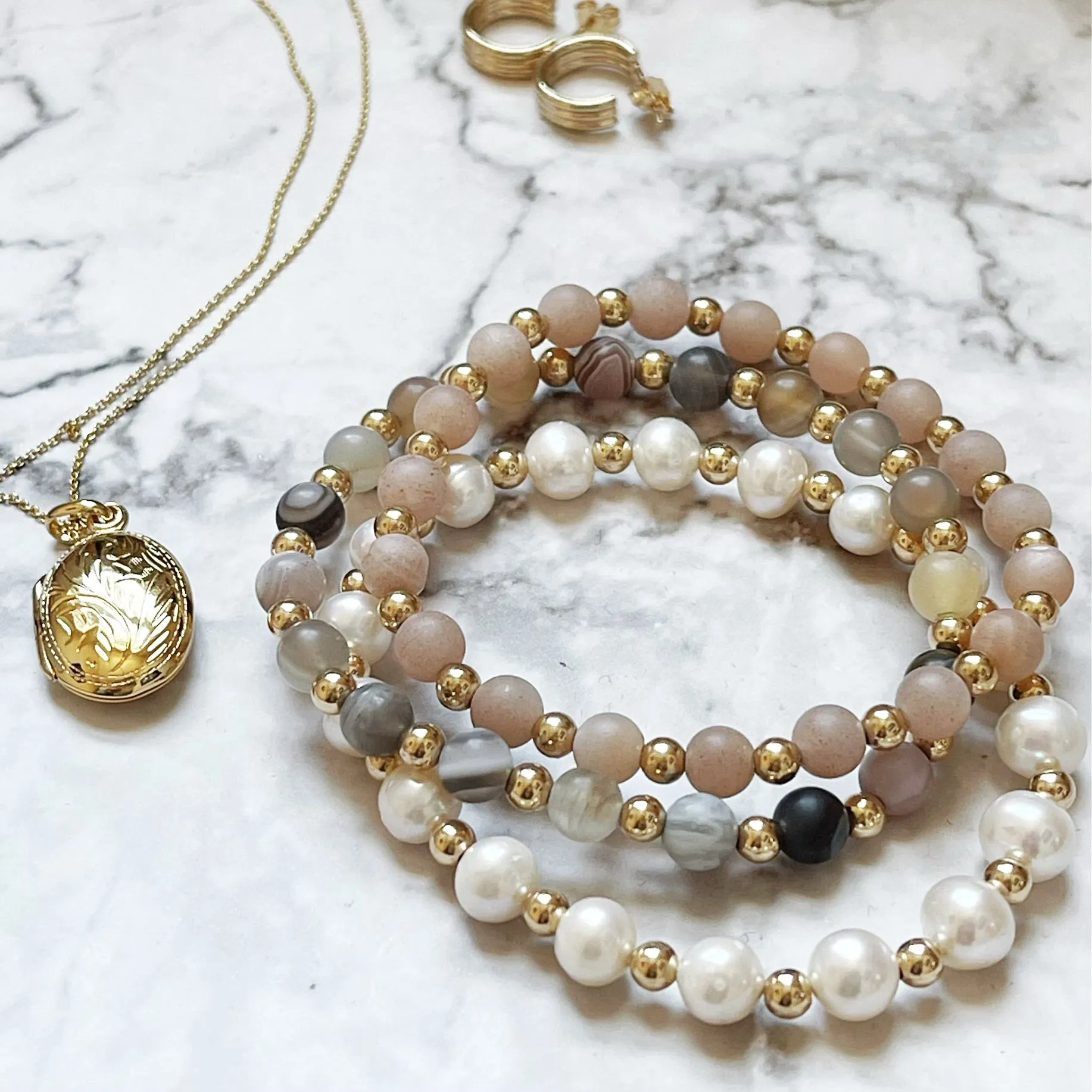 14KGF Beads & Frosted Pink Moonstone Bracelet