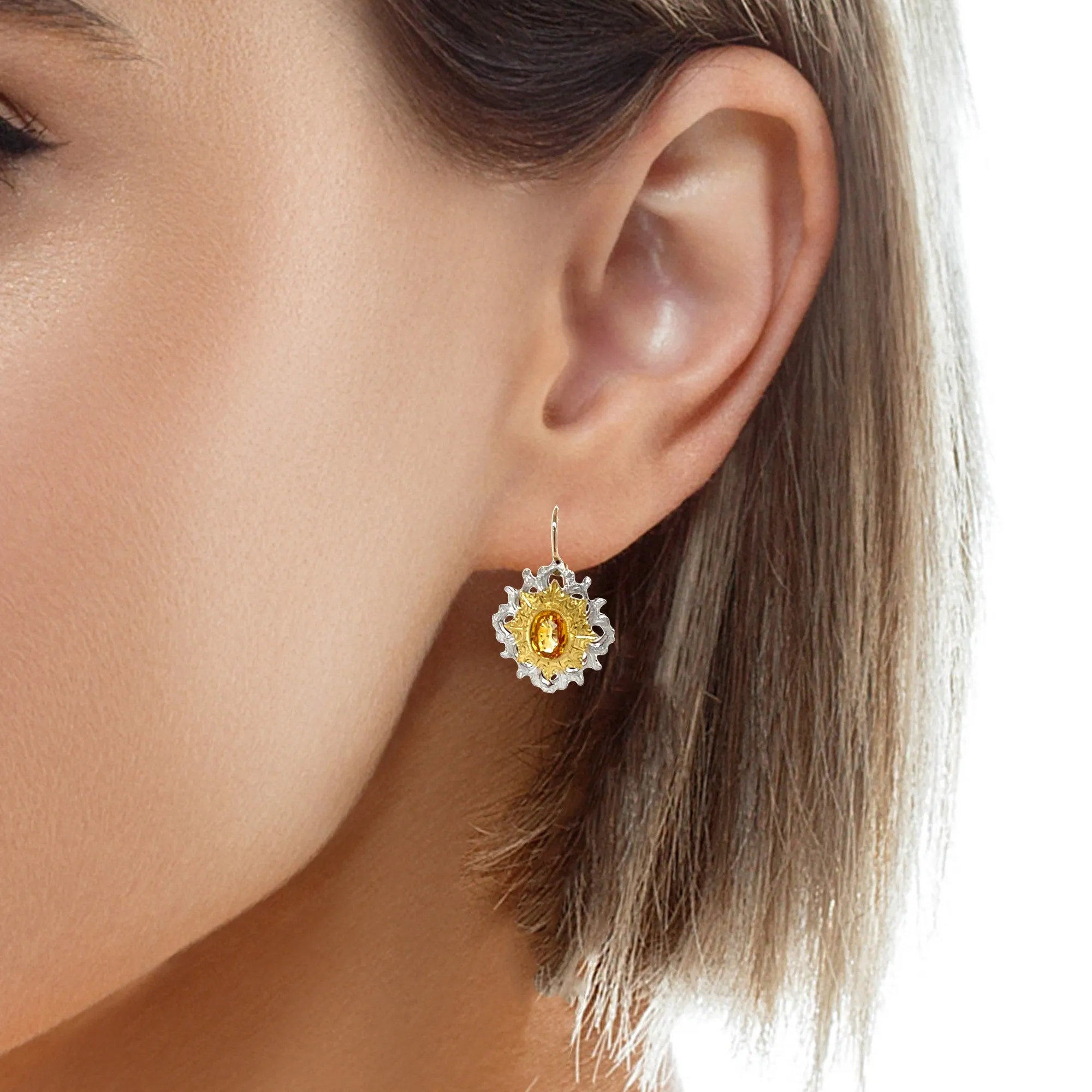 1.79 ct. t.w. Yellow Sapphire, HandmadeTwo-toned Lever Back Drop Earrings