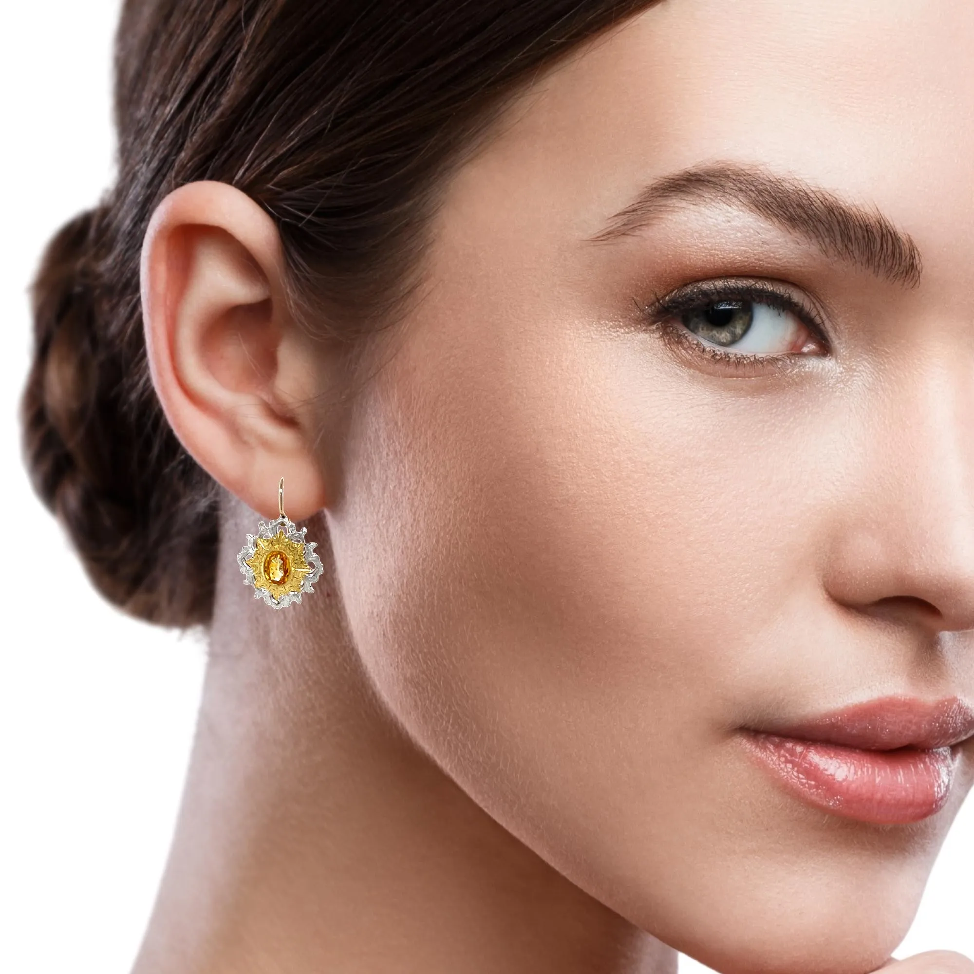 1.79 ct. t.w. Yellow Sapphire, HandmadeTwo-toned Lever Back Drop Earrings
