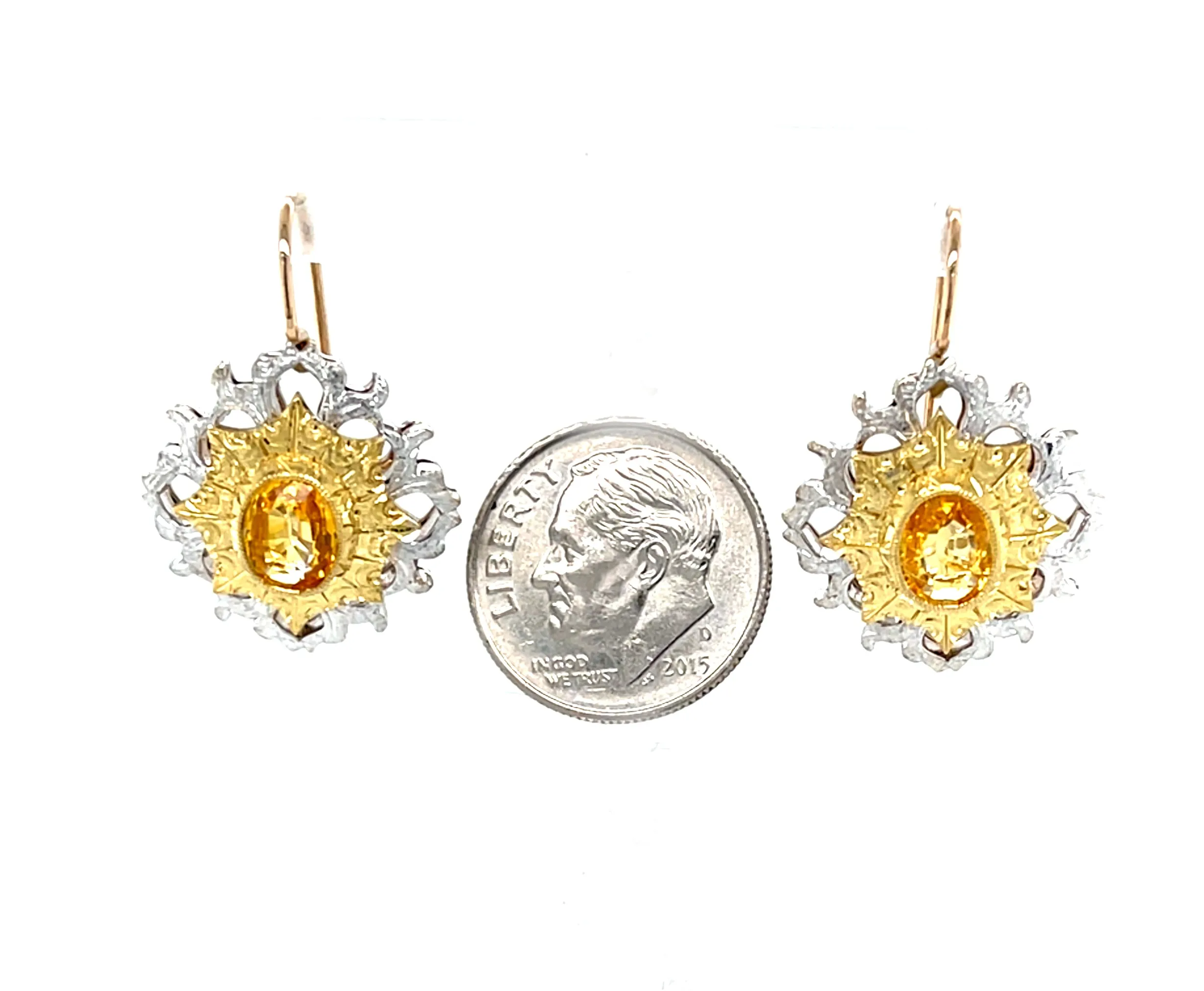 1.79 ct. t.w. Yellow Sapphire, HandmadeTwo-toned Lever Back Drop Earrings