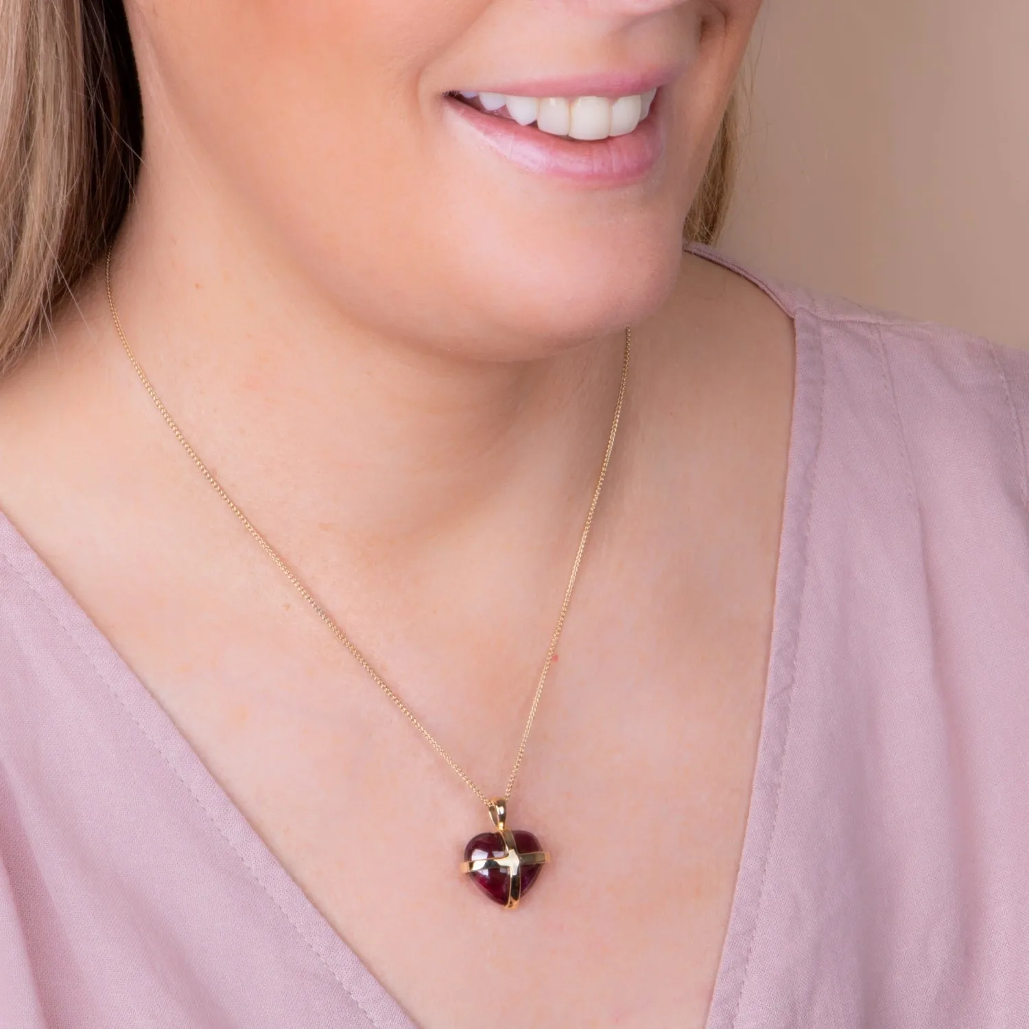 18ct Yellow Gold Red Greenland Ruby Large Cross Heart Necklace