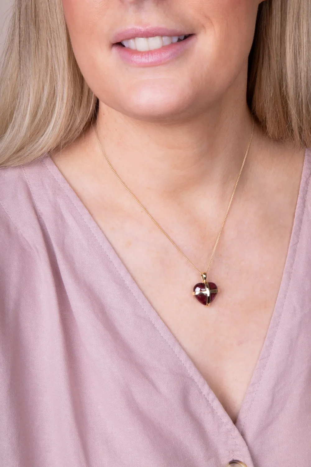 18ct Yellow Gold Red Greenland Ruby Large Cross Heart Necklace