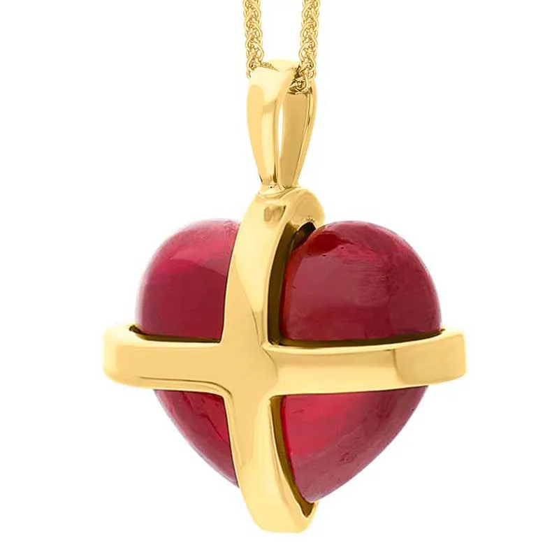 18ct Yellow Gold Red Greenland Ruby Large Cross Heart Necklace