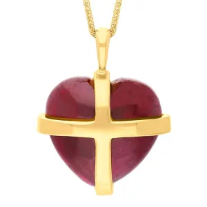18ct Yellow Gold Red Greenland Ruby Large Cross Heart Necklace