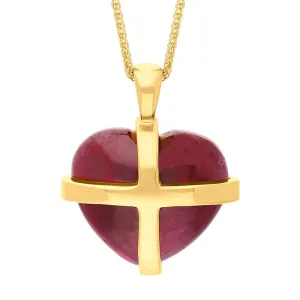 18ct Yellow Gold Red Greenland Ruby Medium Cross Heart Necklace