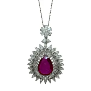 18k African Ruby and Princess Cut Diamond Pendant Necklace