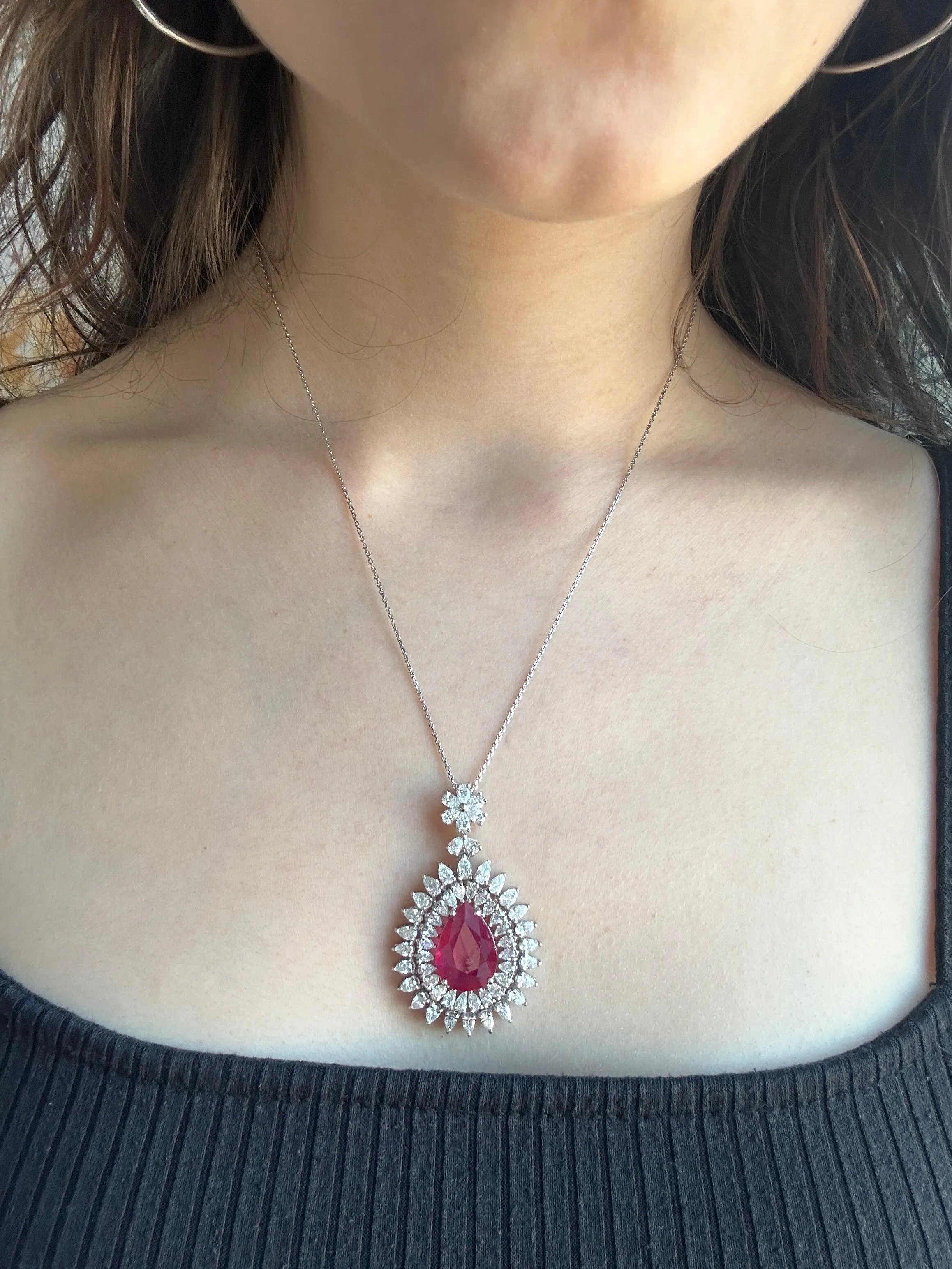 18k African Ruby and Princess Cut Diamond Pendant Necklace