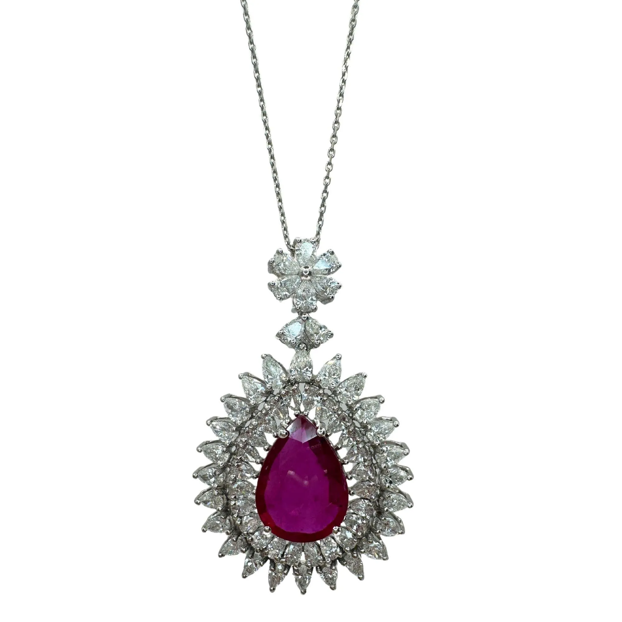 18k African Ruby and Princess Cut Diamond Pendant Necklace