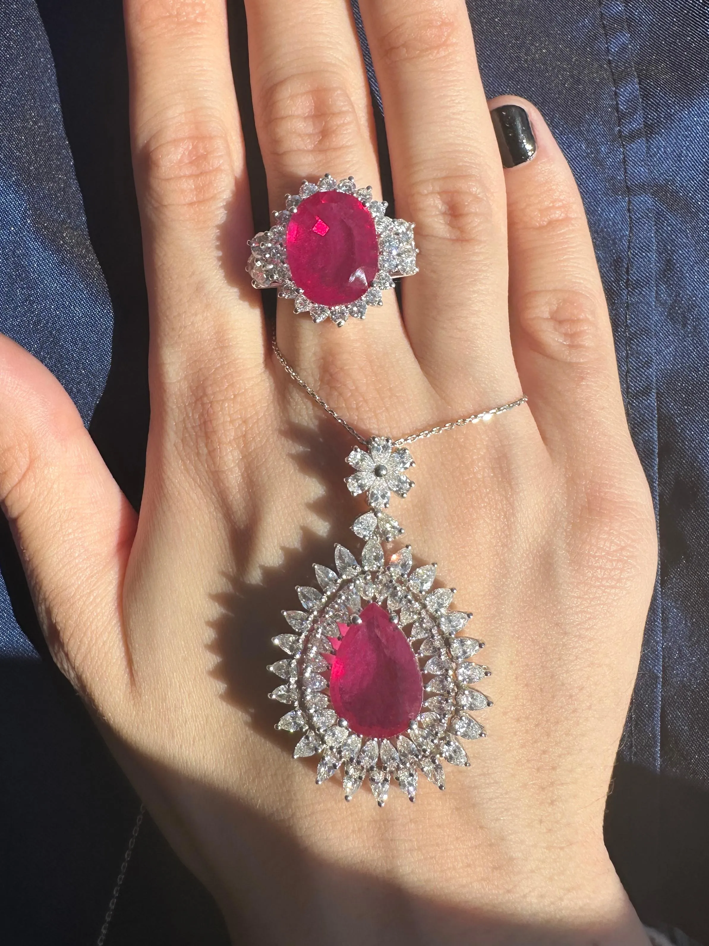 18k African Ruby and Princess Cut Diamond Pendant Necklace