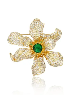 18K Gold Emerald Crystal Inlaid Sparkling Brooch