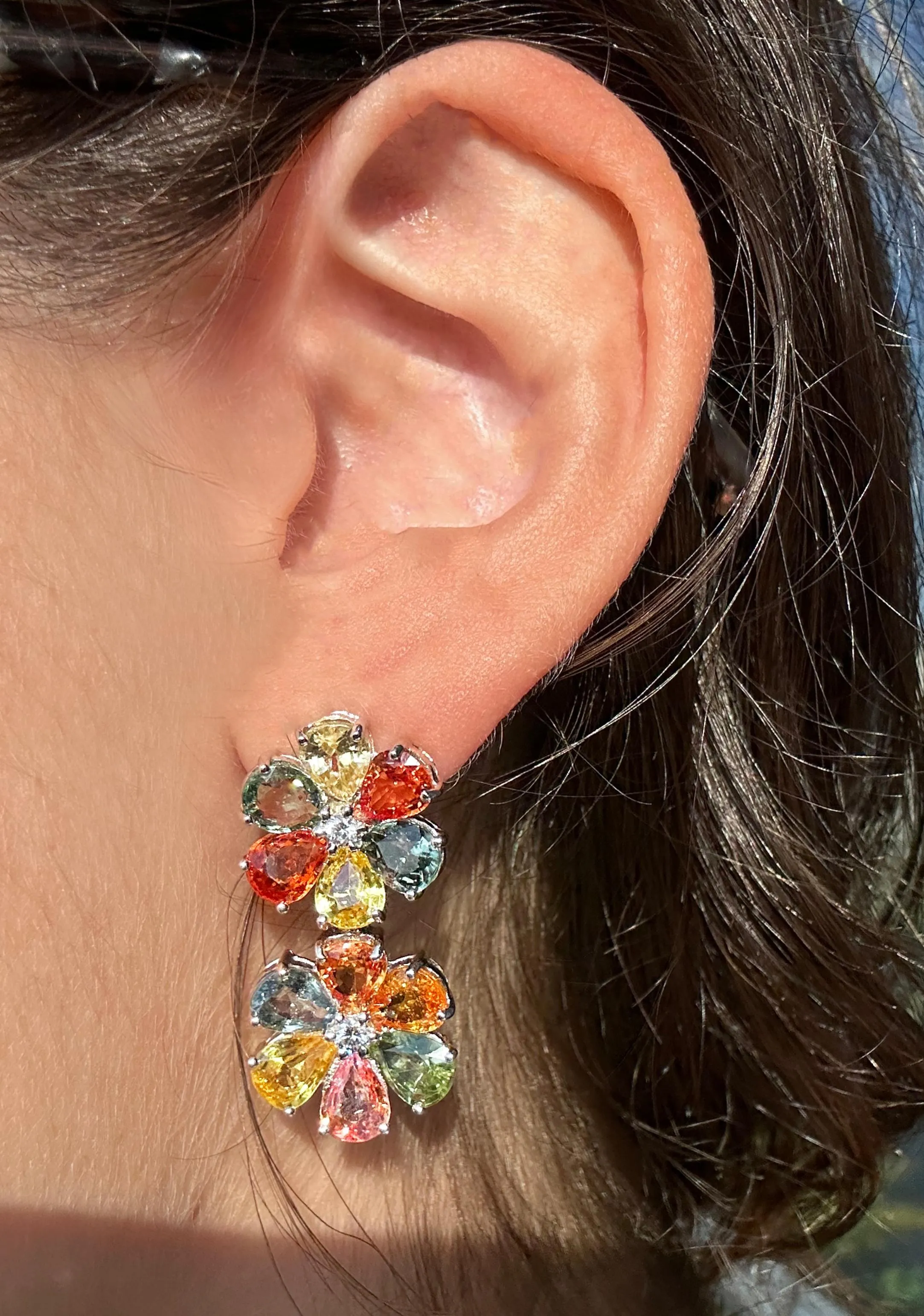 18k Modern Pear Cut Multicolor Sapphire and Diamond Flower Earrings