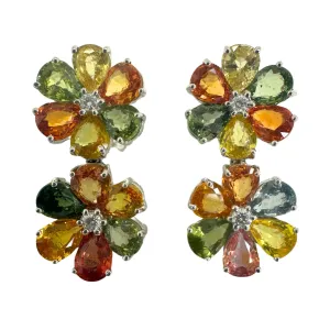 18k Modern Pear Cut Multicolor Sapphire and Diamond Flower Earrings