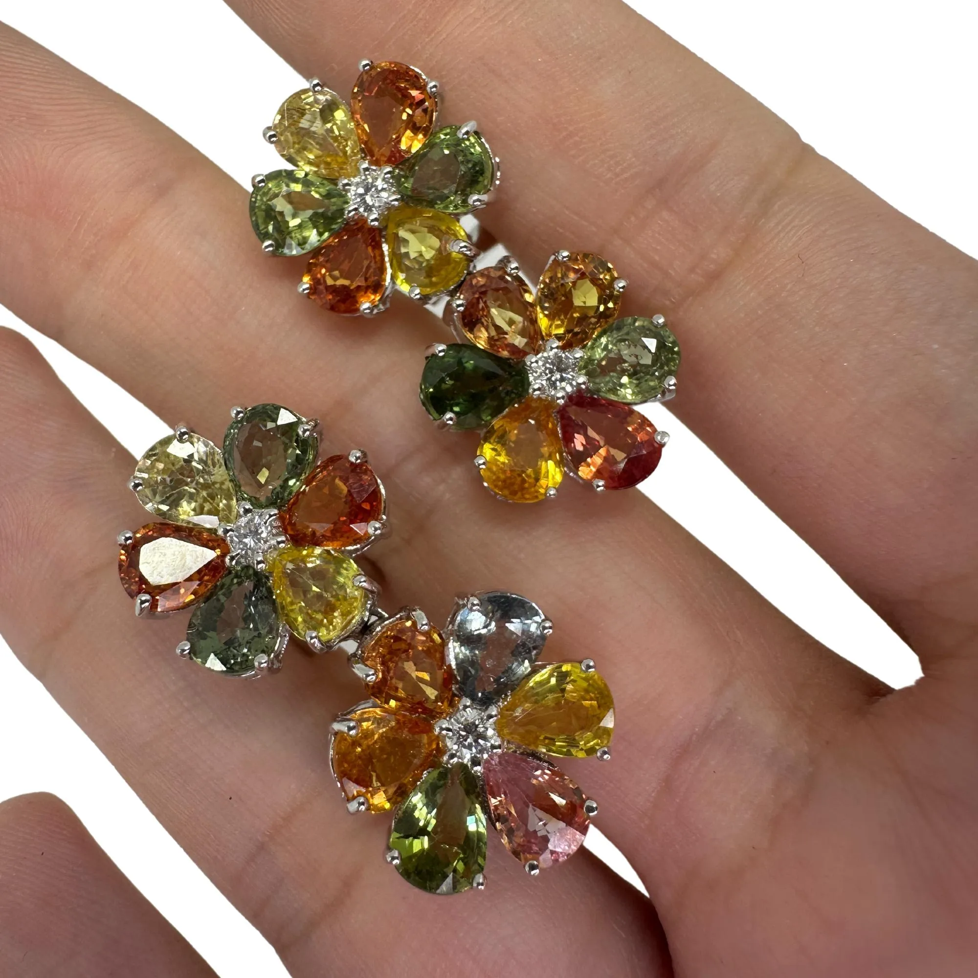 18k Modern Pear Cut Multicolor Sapphire and Diamond Flower Earrings