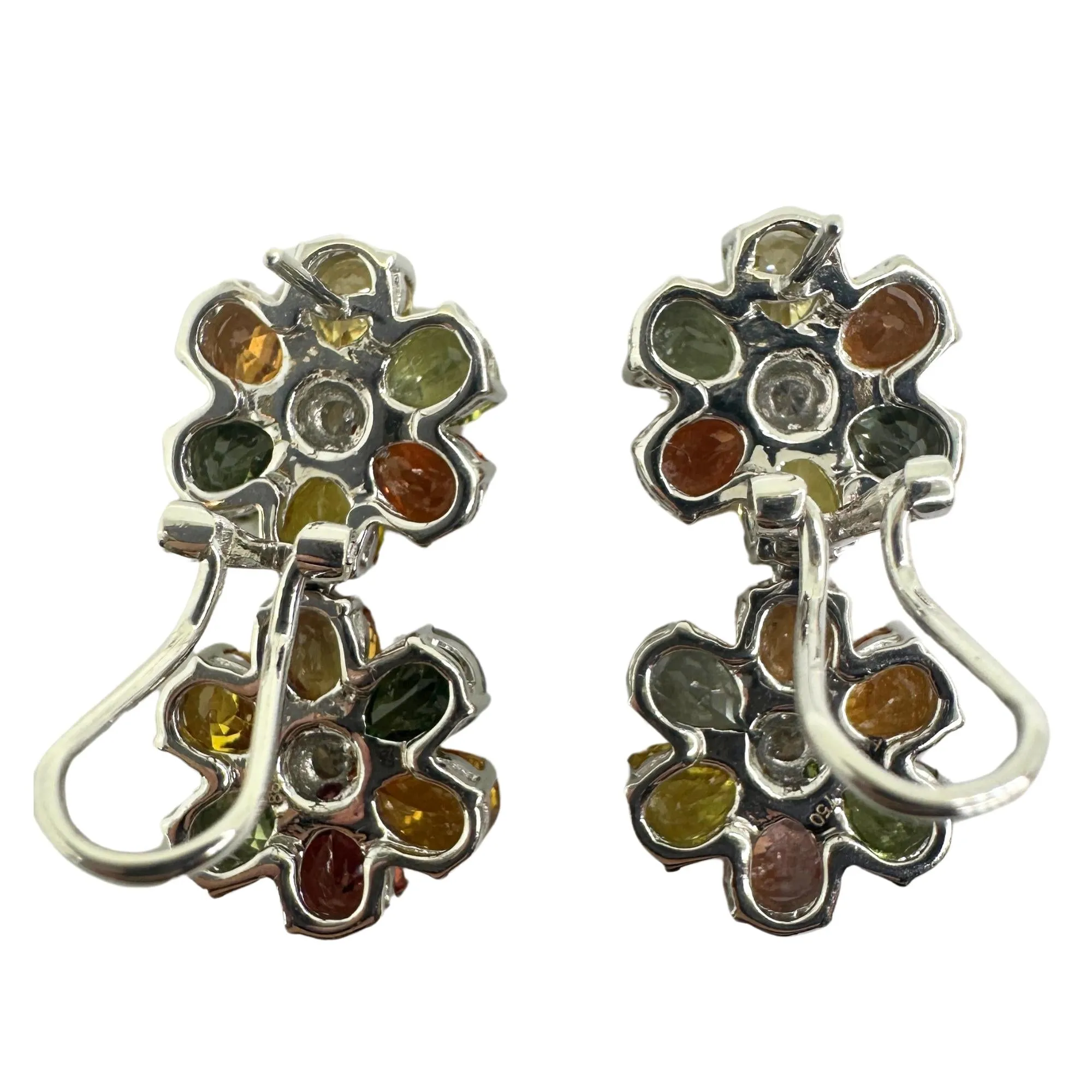 18k Modern Pear Cut Multicolor Sapphire and Diamond Flower Earrings