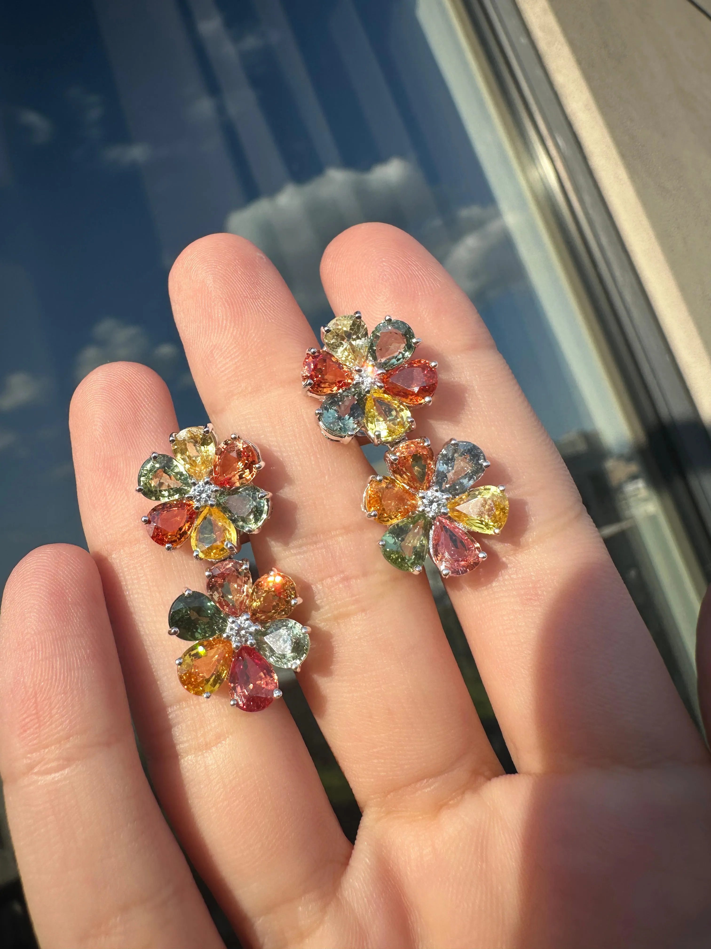 18k Modern Pear Cut Multicolor Sapphire and Diamond Flower Earrings