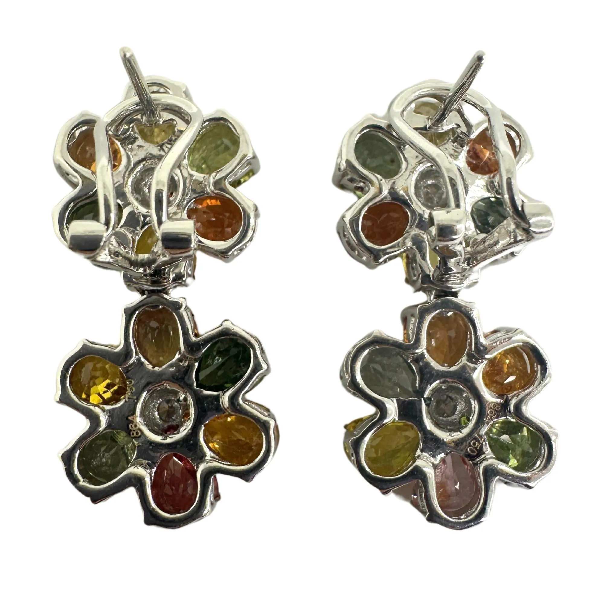 18k Modern Pear Cut Multicolor Sapphire and Diamond Flower Earrings
