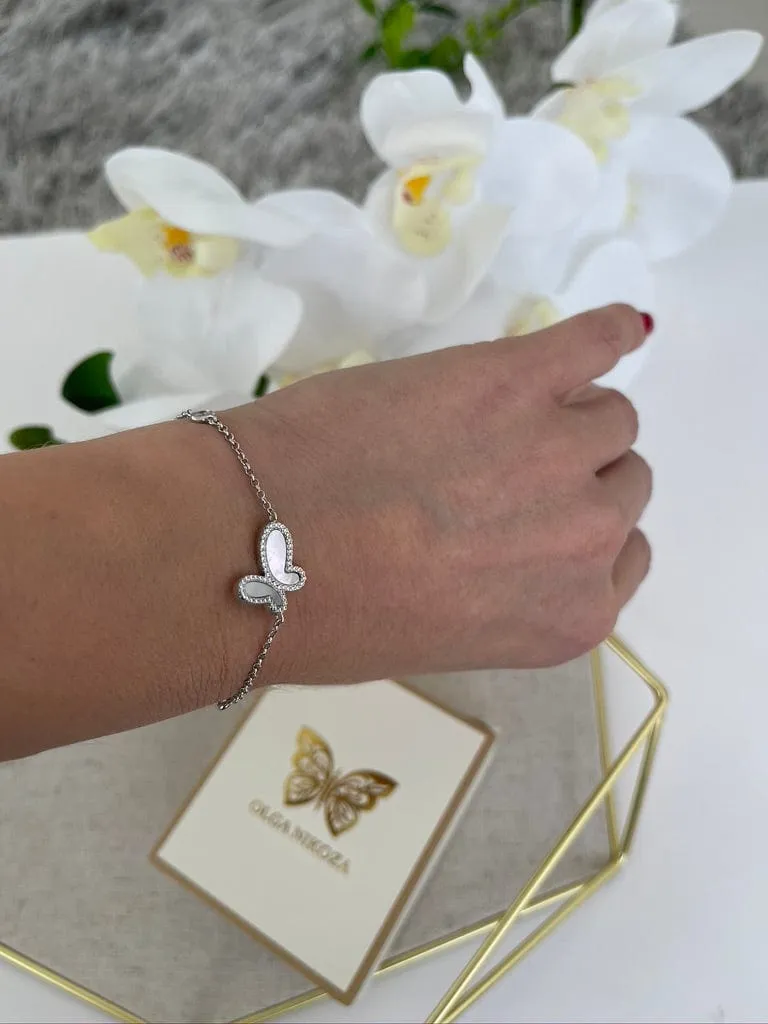 18k Rose Gold w/ Mother Of Pearl Of Cubic Zirconia Encrusted Butterfly Bracelet