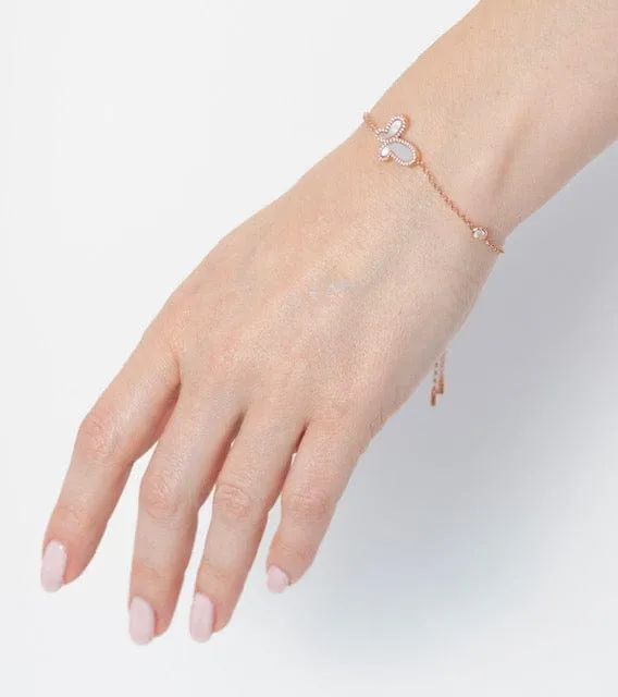 18k Rose Gold w/ Mother Of Pearl Of Cubic Zirconia Encrusted Butterfly Bracelet