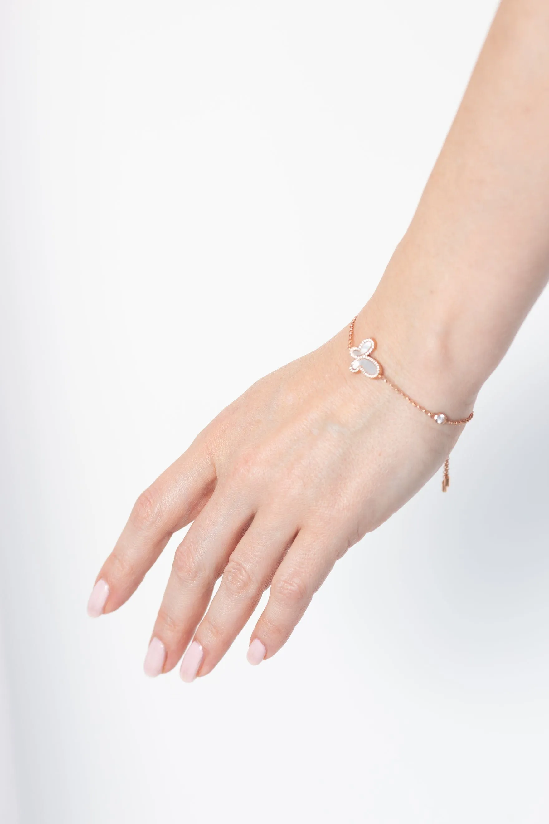 18k Rose Gold w/ Mother Of Pearl Of Cubic Zirconia Encrusted Butterfly Bracelet