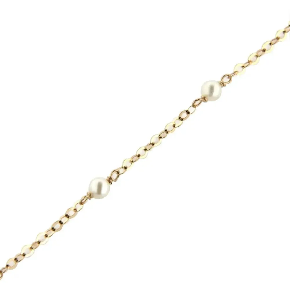 18K Solid Yellow Gold Pearls and Diamond cut Chain Bracelet