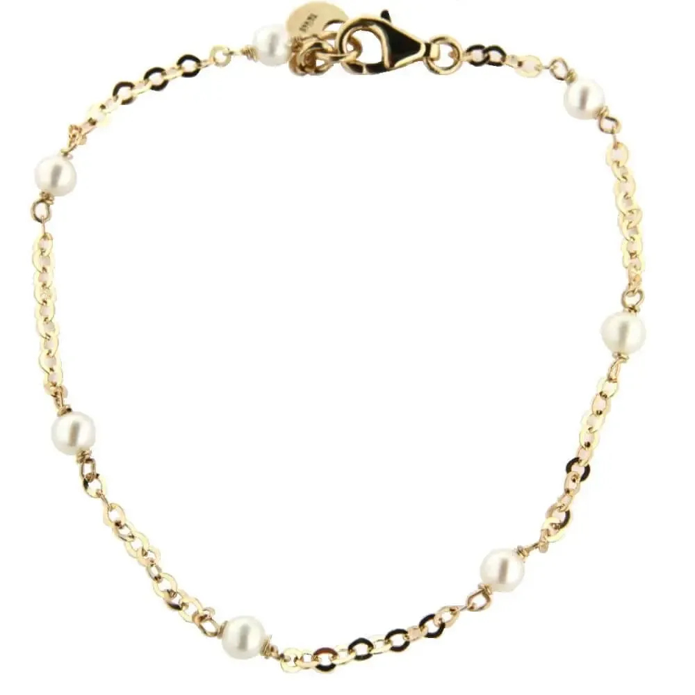 18K Solid Yellow Gold Pearls and Diamond cut Chain Bracelet