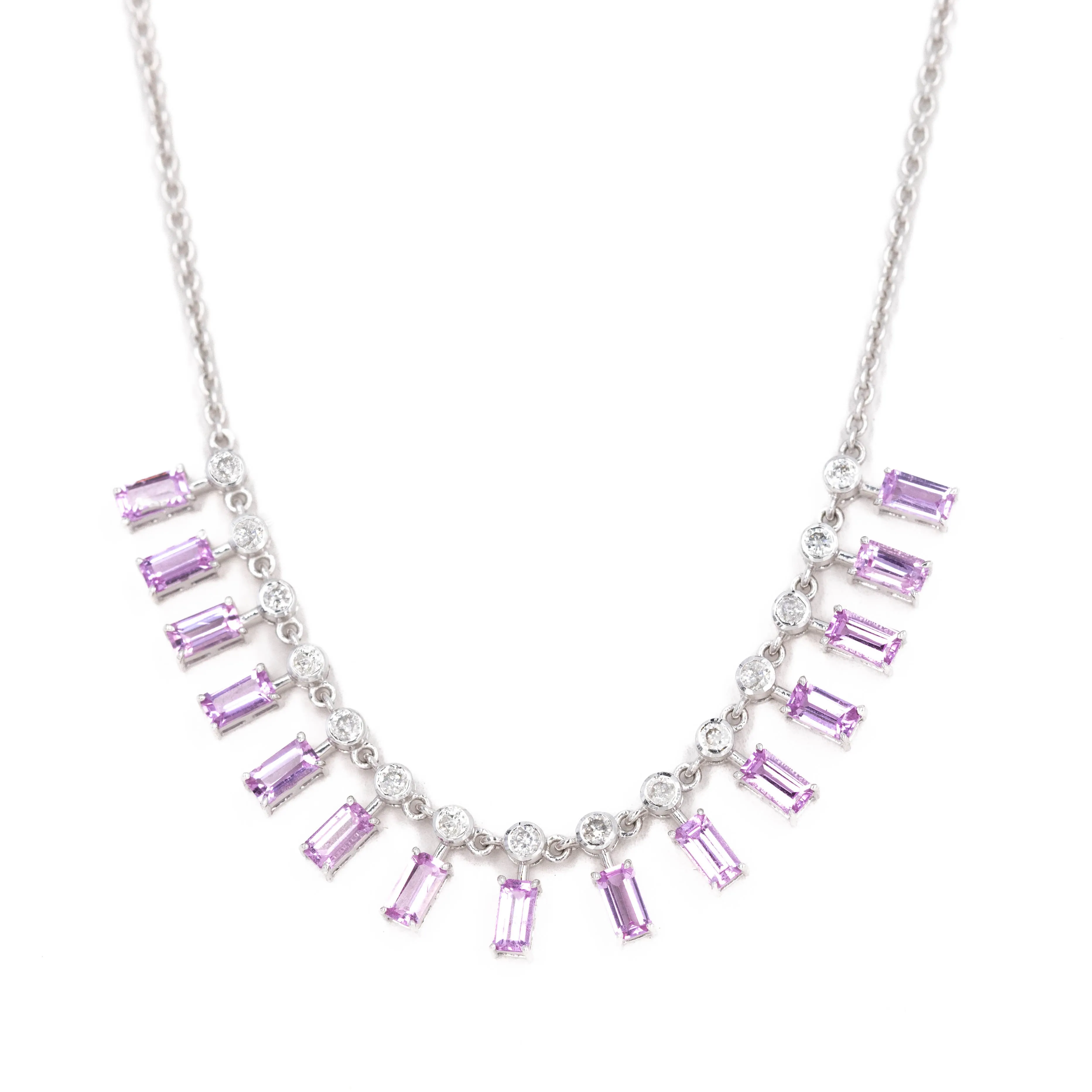 18K White Gold Baguette Pink Sapphire Diamond Fringe Necklace