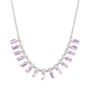 18K White Gold Baguette Pink Sapphire Diamond Fringe Necklace