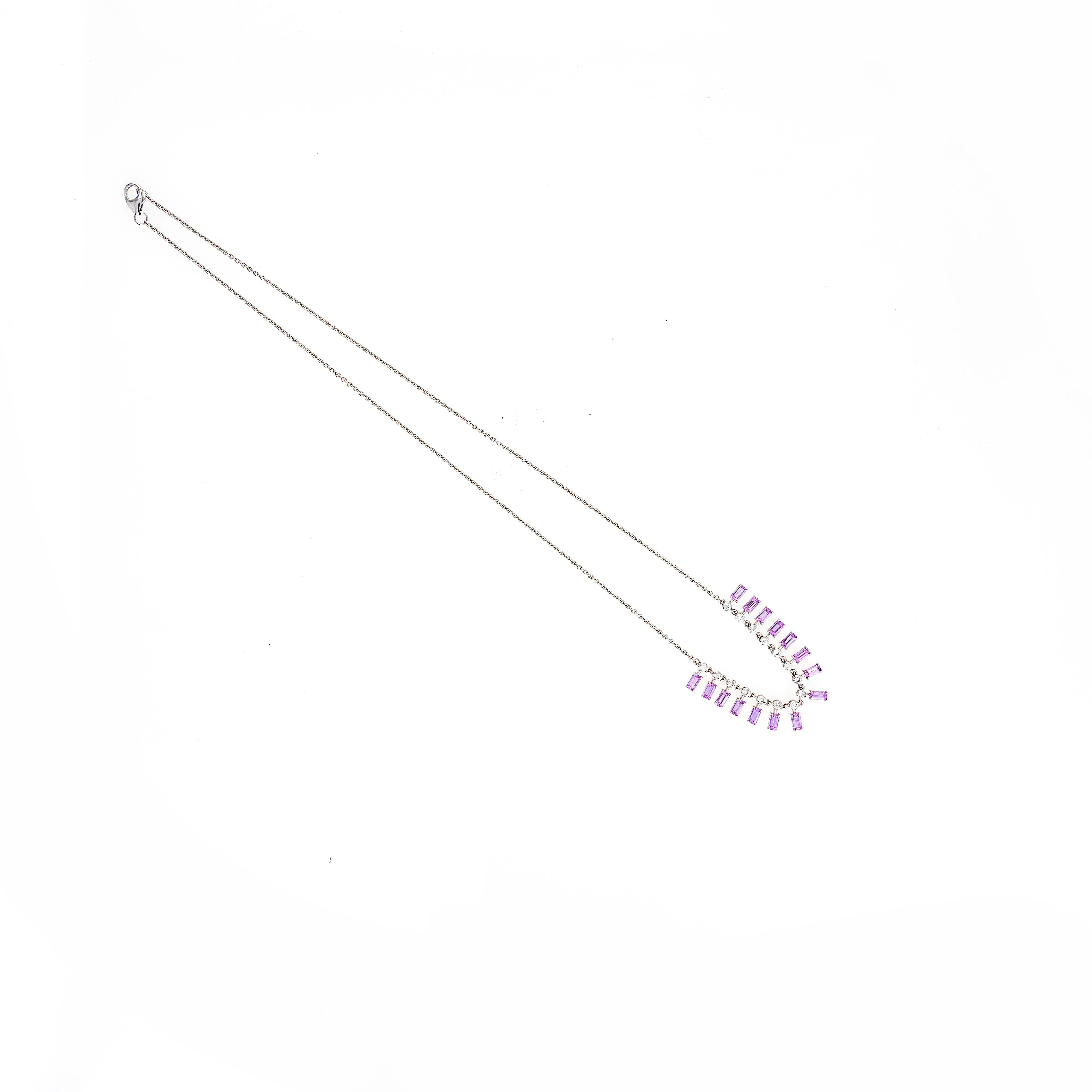 18K White Gold Baguette Pink Sapphire Diamond Fringe Necklace