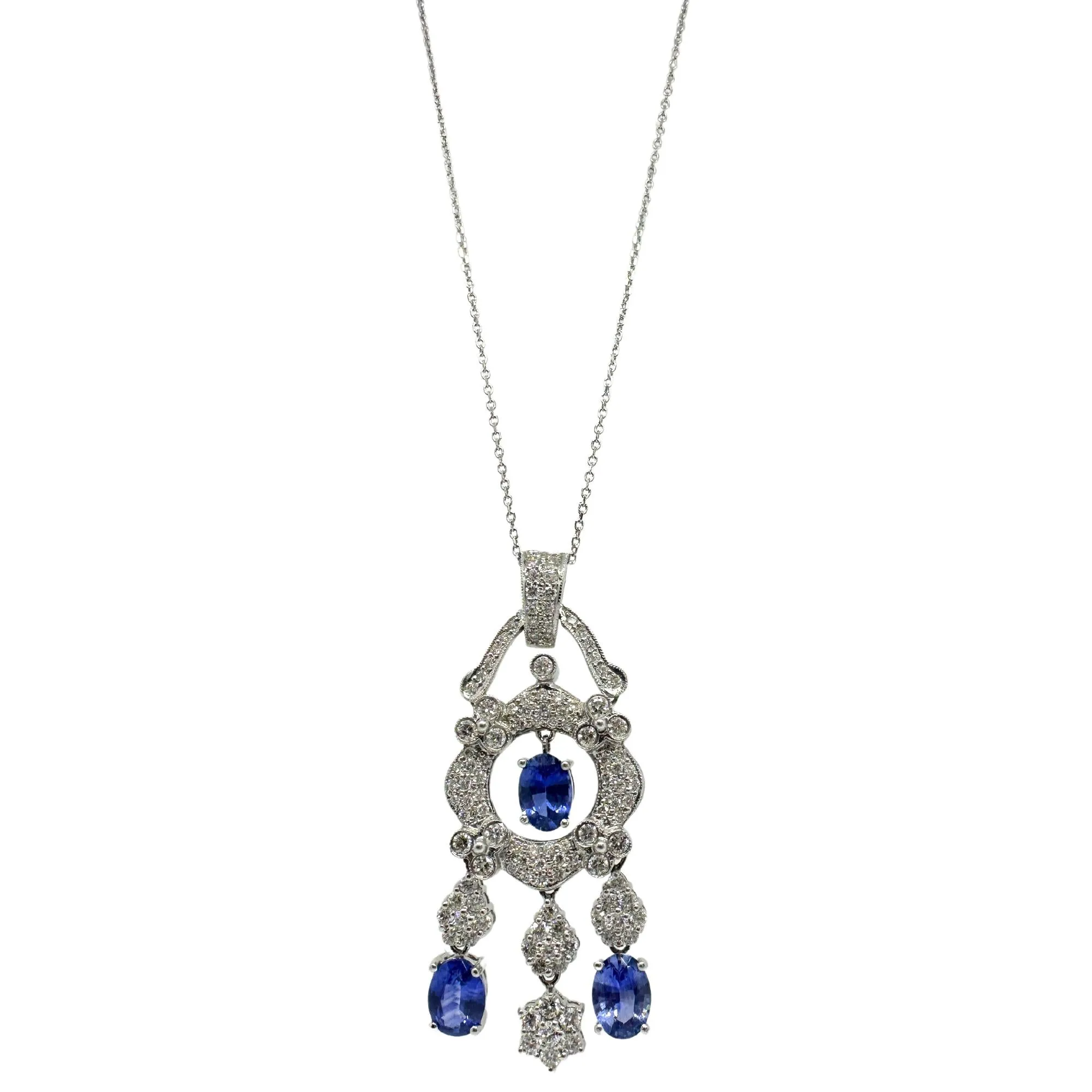 18K White Gold Diamond and Sapphire Pendant Necklace