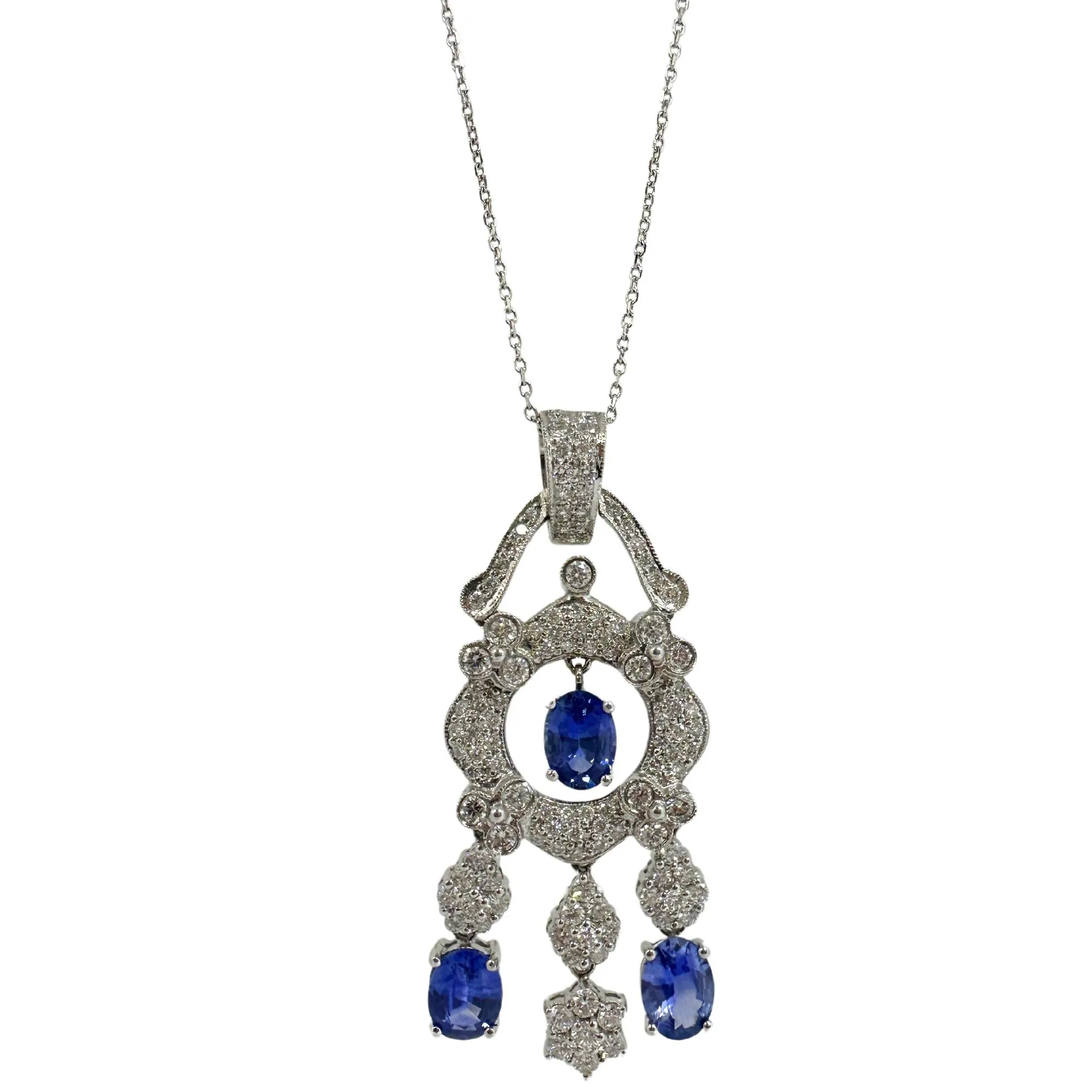 18K White Gold Diamond and Sapphire Pendant Necklace
