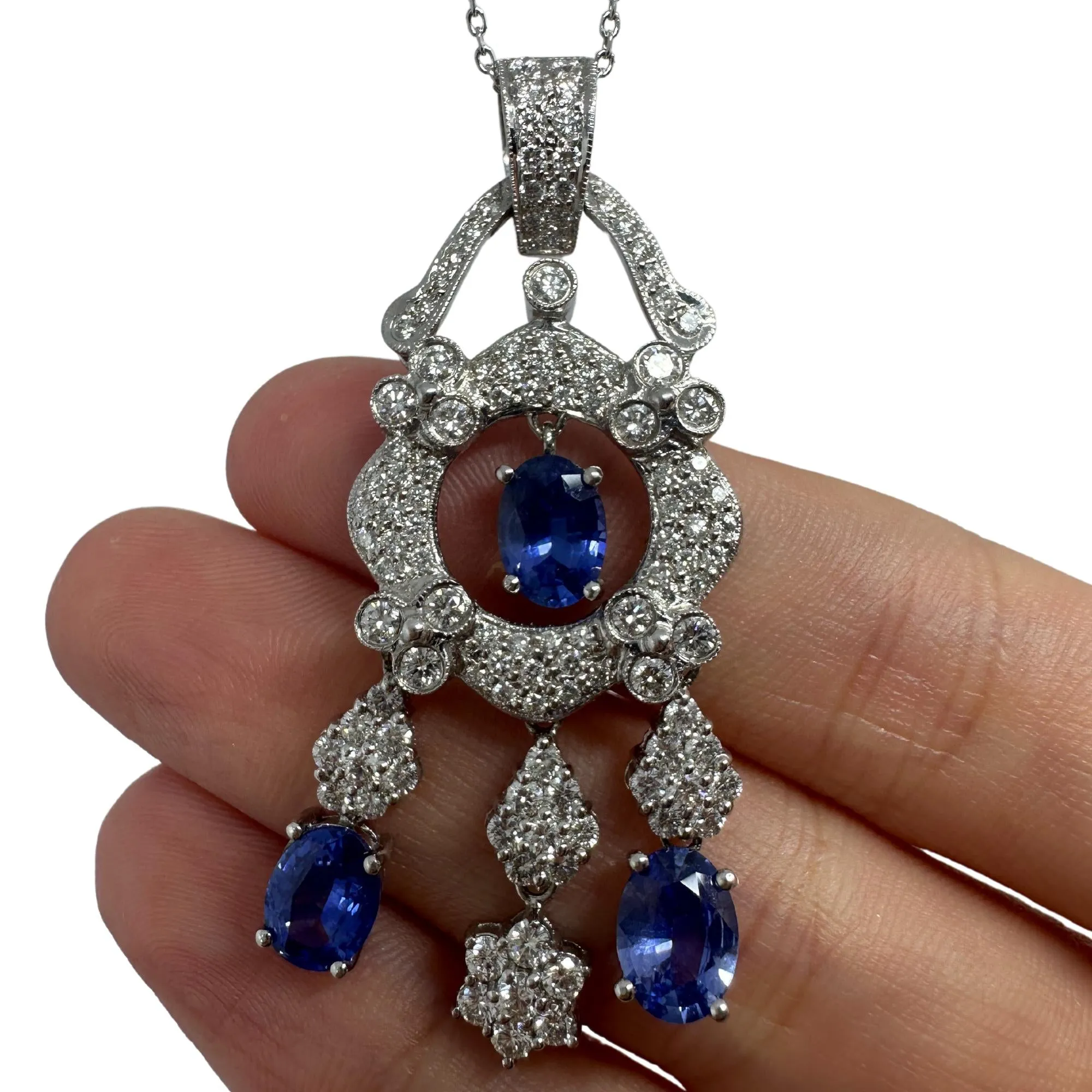 18K White Gold Diamond and Sapphire Pendant Necklace