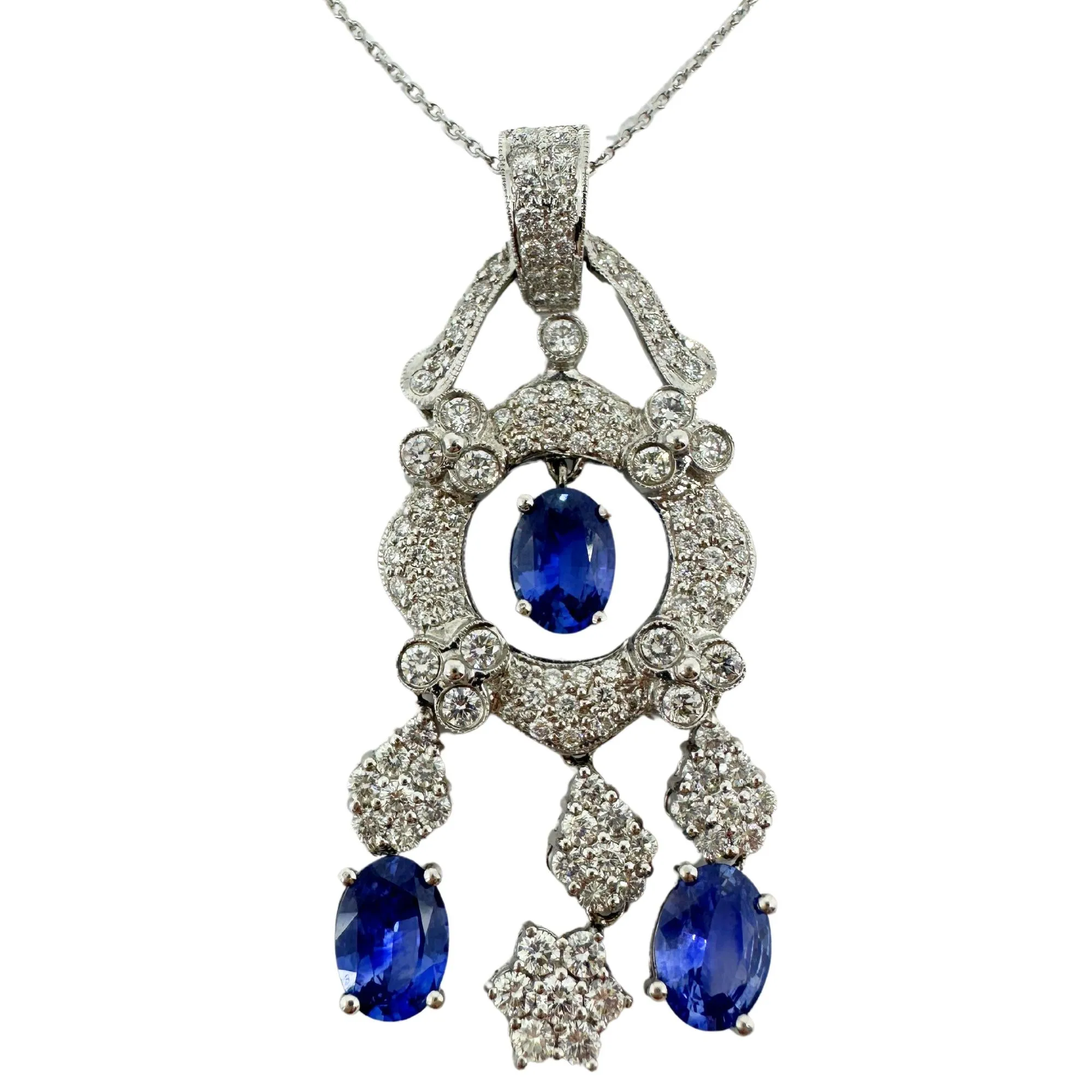 18K White Gold Diamond and Sapphire Pendant Necklace