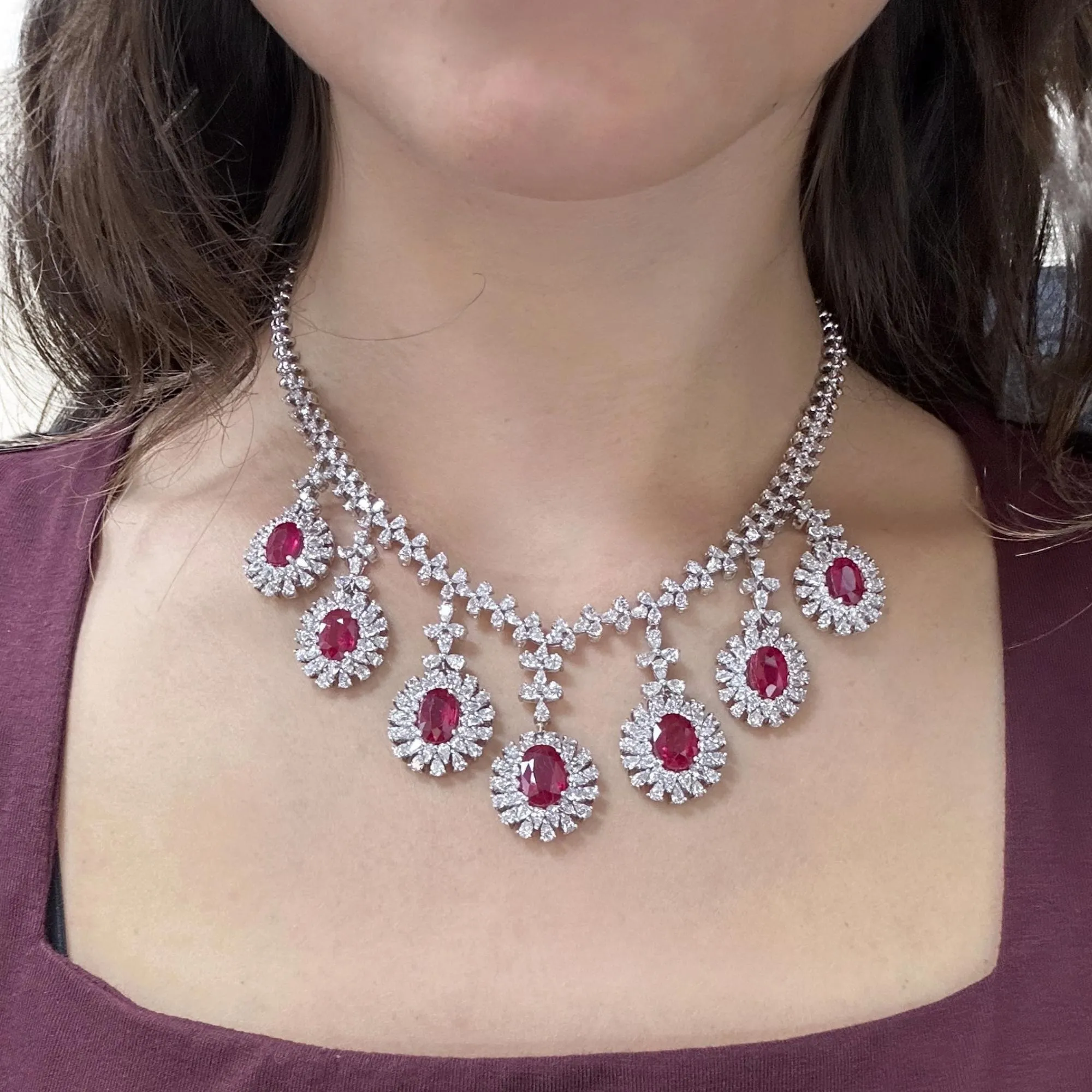 18K White Gold Pear Cut Diamond and African Ruby Necklace