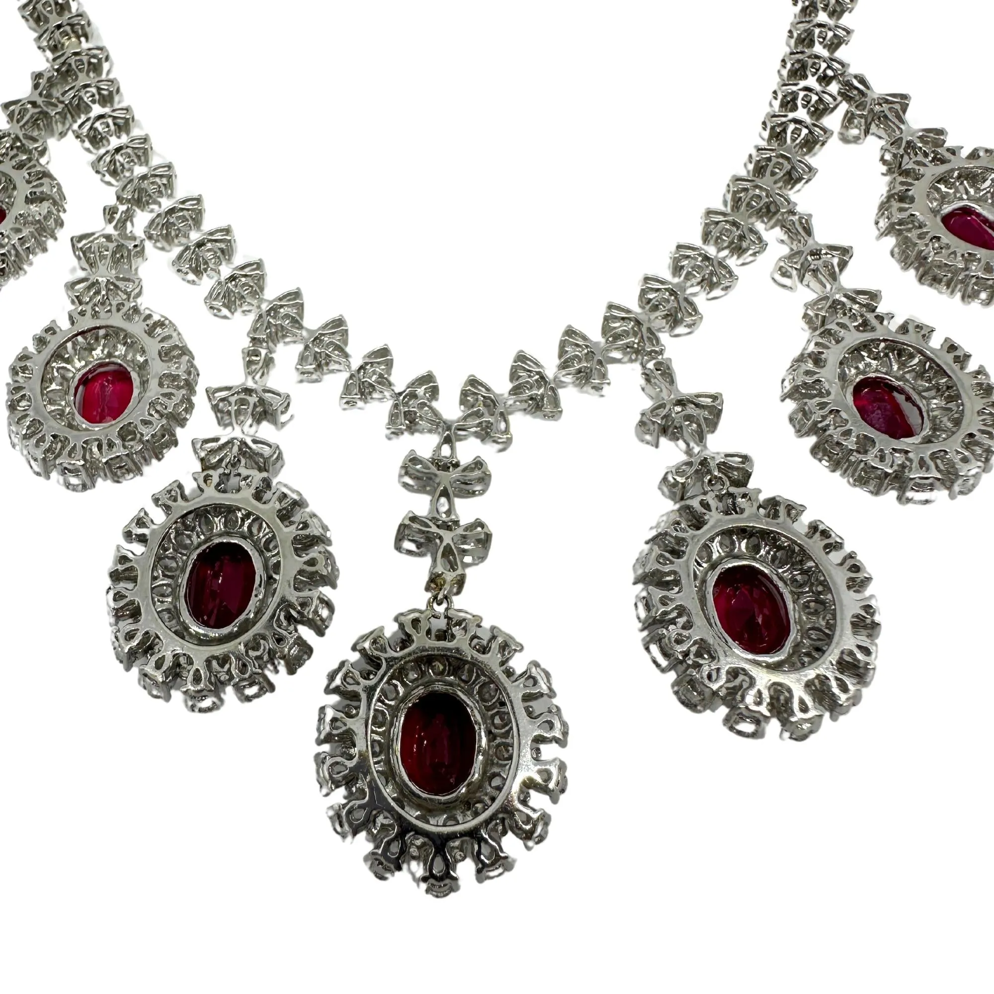 18K White Gold Pear Cut Diamond and African Ruby Necklace