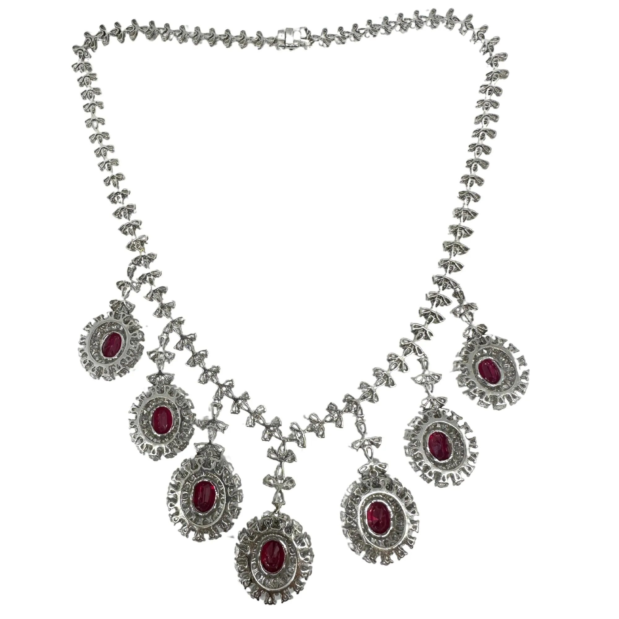 18K White Gold Pear Cut Diamond and African Ruby Necklace