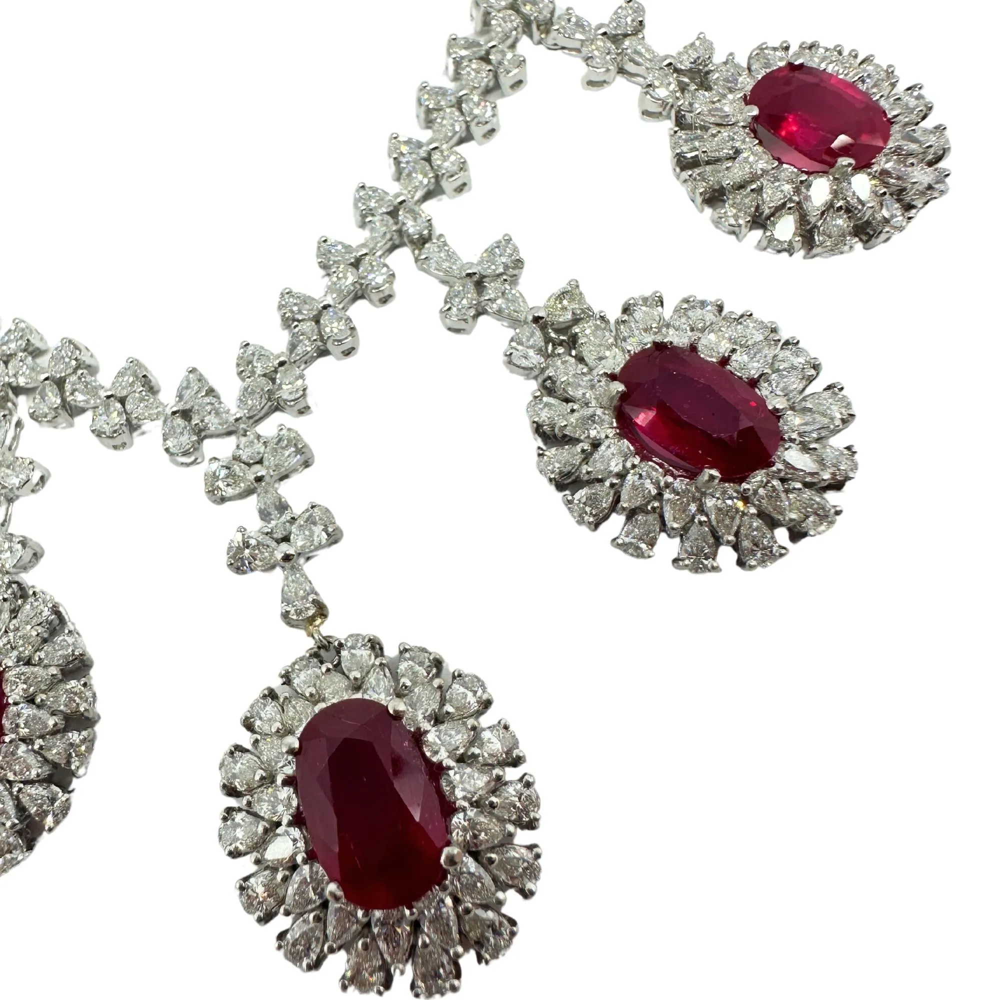 18K White Gold Pear Cut Diamond and African Ruby Necklace