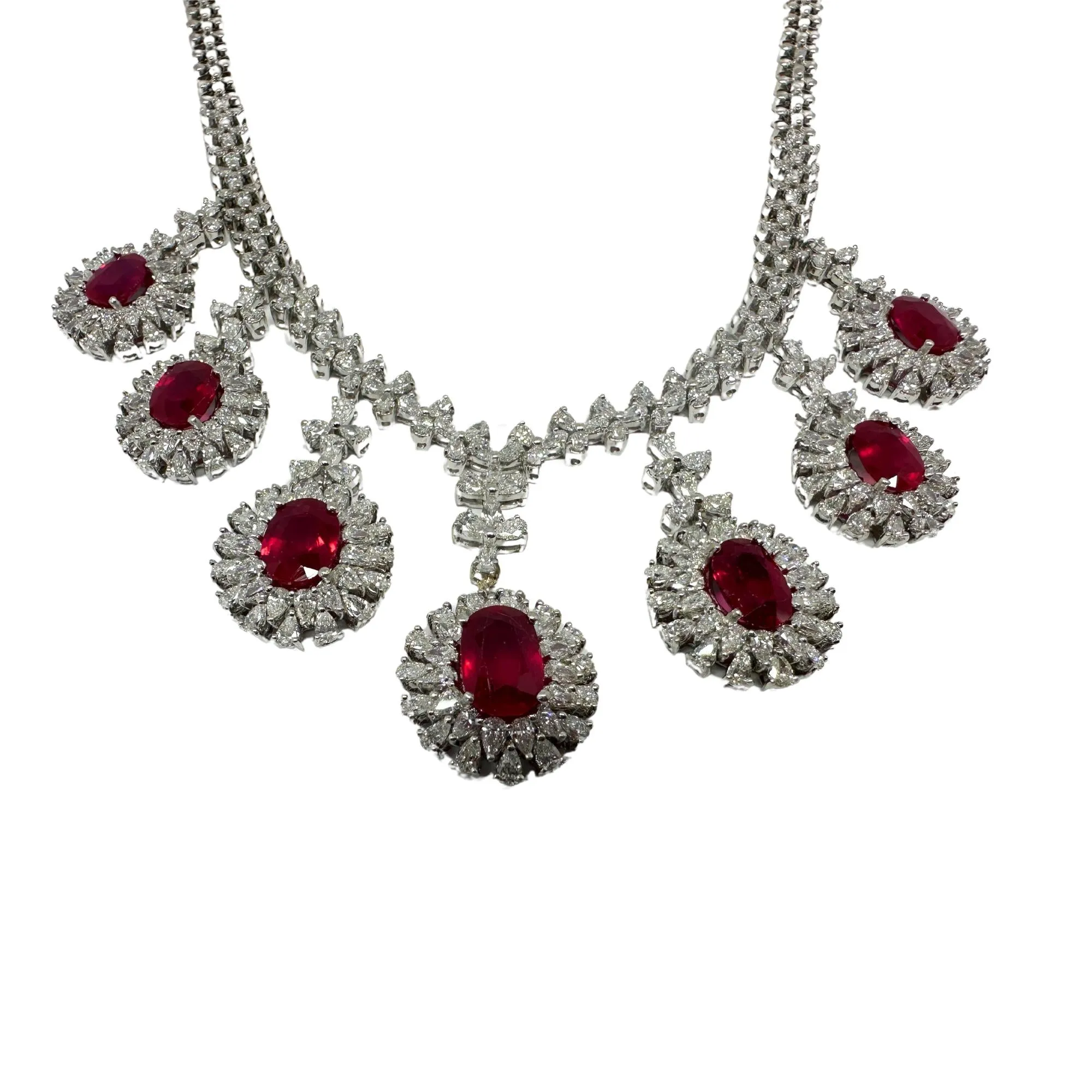 18K White Gold Pear Cut Diamond and African Ruby Necklace
