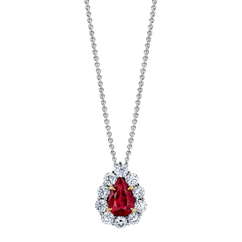 18K White Gold Pear Shape Burmese Ruby And Diamond Halo Necklace (2.05ctw)