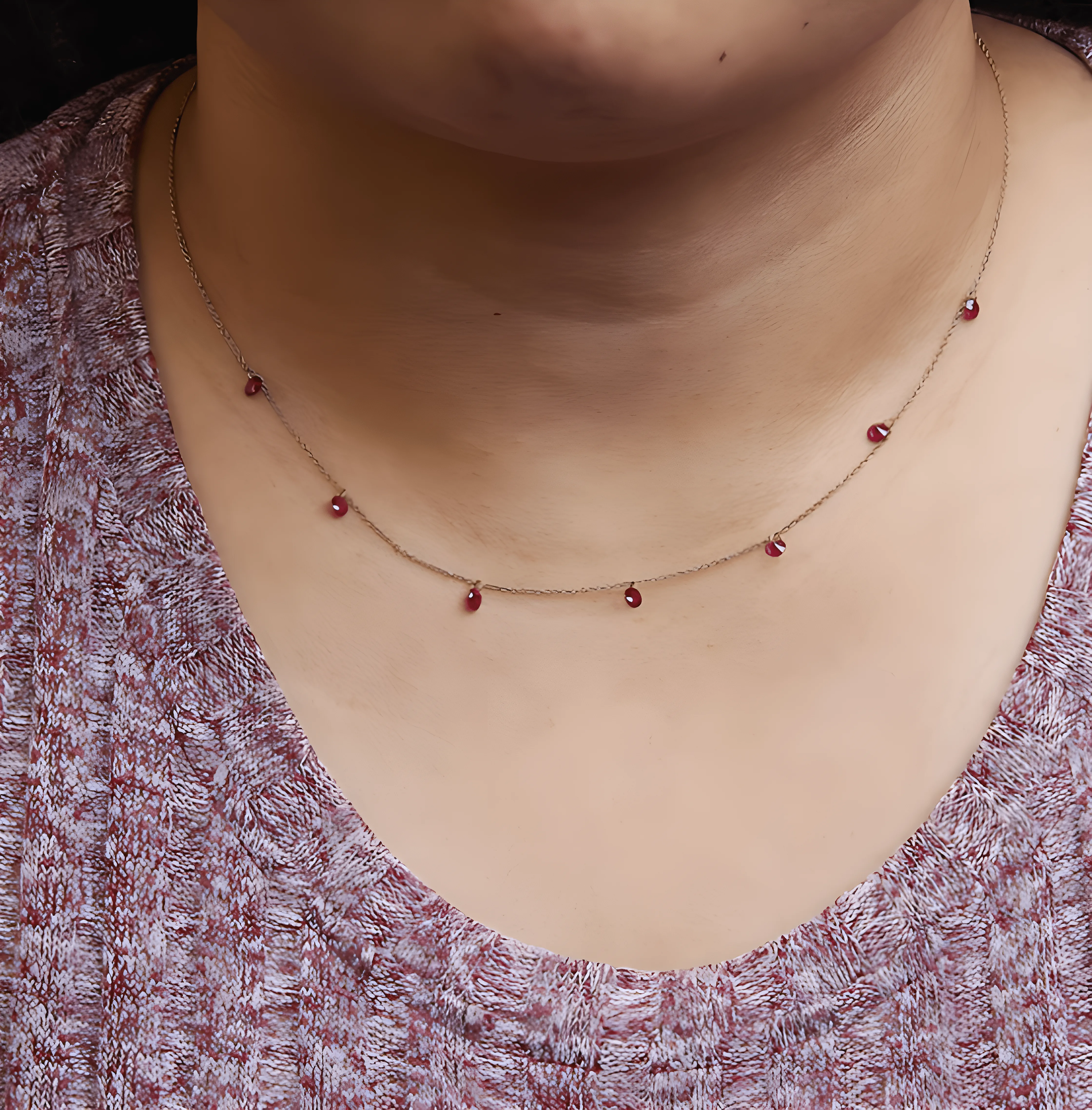 18K Yellow Gold Necklace 1 1/3 Cttw Dangling Red Ruby Drop 18" Chain Collar