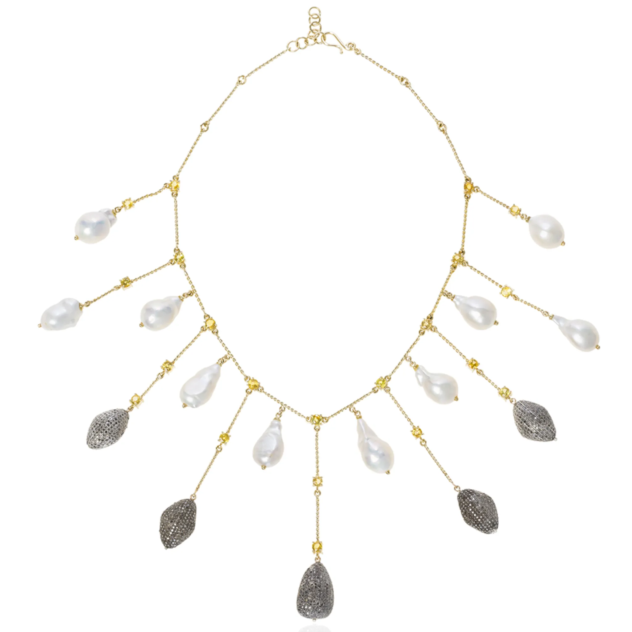 18K Yellow Gold Necklace with Fresh Water Pearls, Sapphire & Diamonds