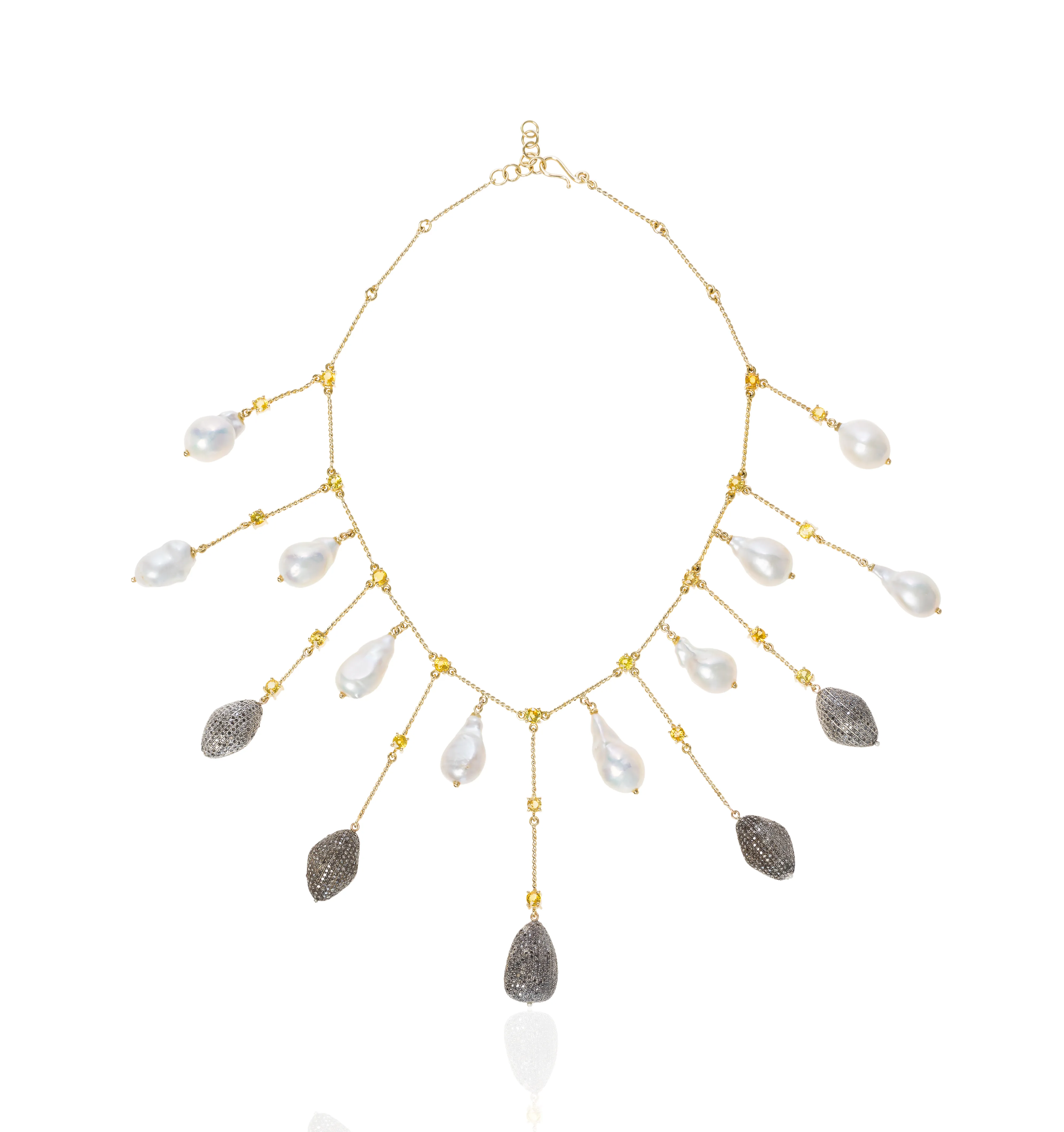 18K Yellow Gold Necklace with Fresh Water Pearls, Sapphire & Diamonds