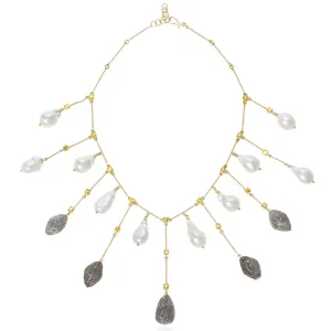 18K Yellow Gold Necklace with Fresh Water Pearls, Sapphire & Diamonds