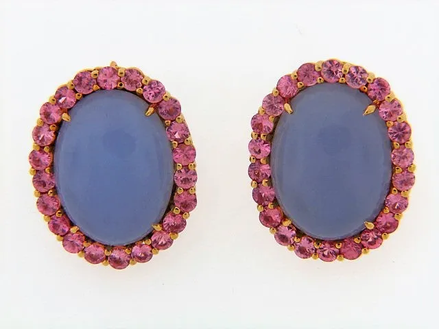 18K-YG LAVENDER CHALCEDONY AND PINK SAPPHIRE EARCLIPS