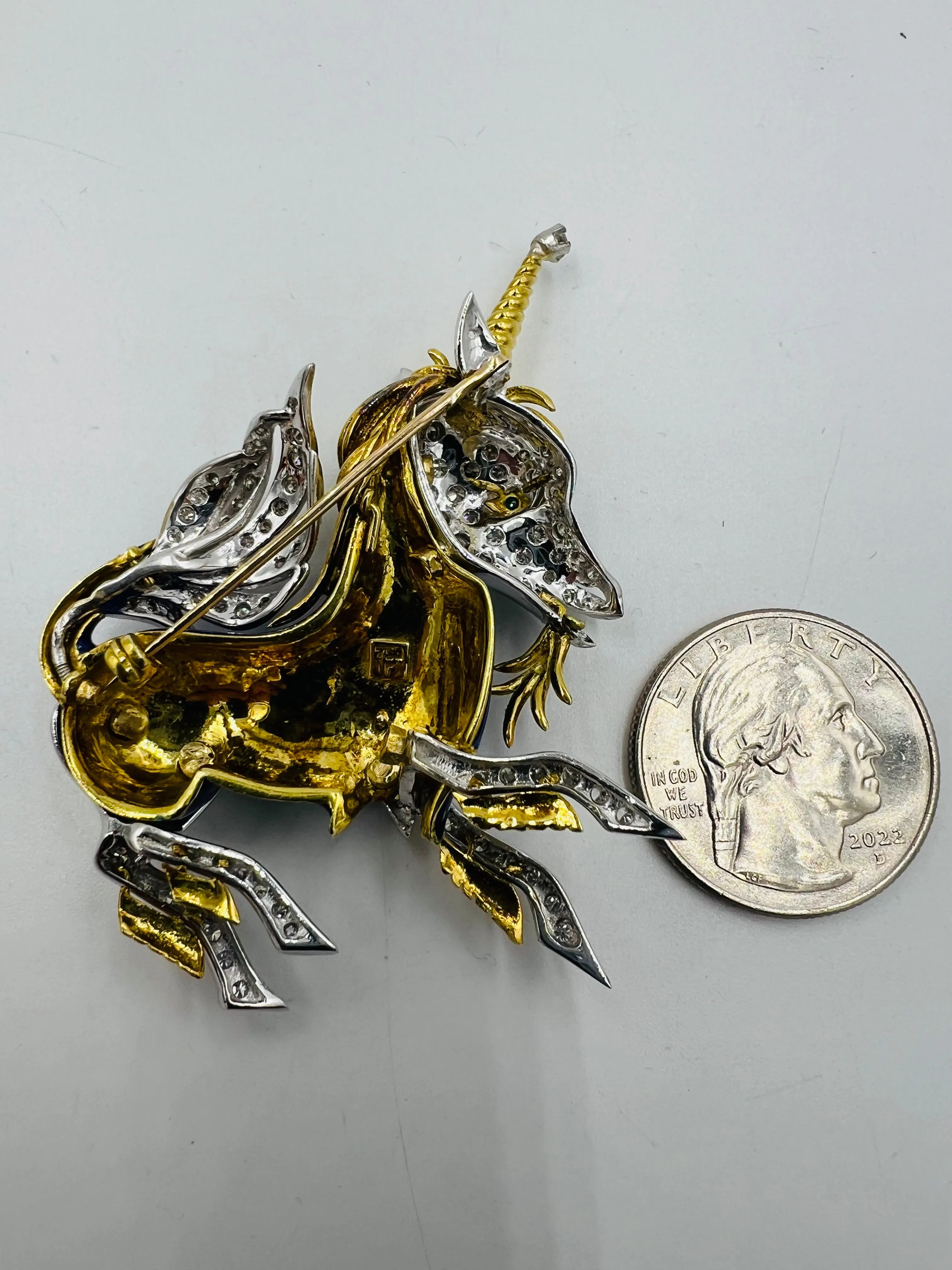 1970s Unicorn Enamel Diamond 18k Yellow Gold Brooch
