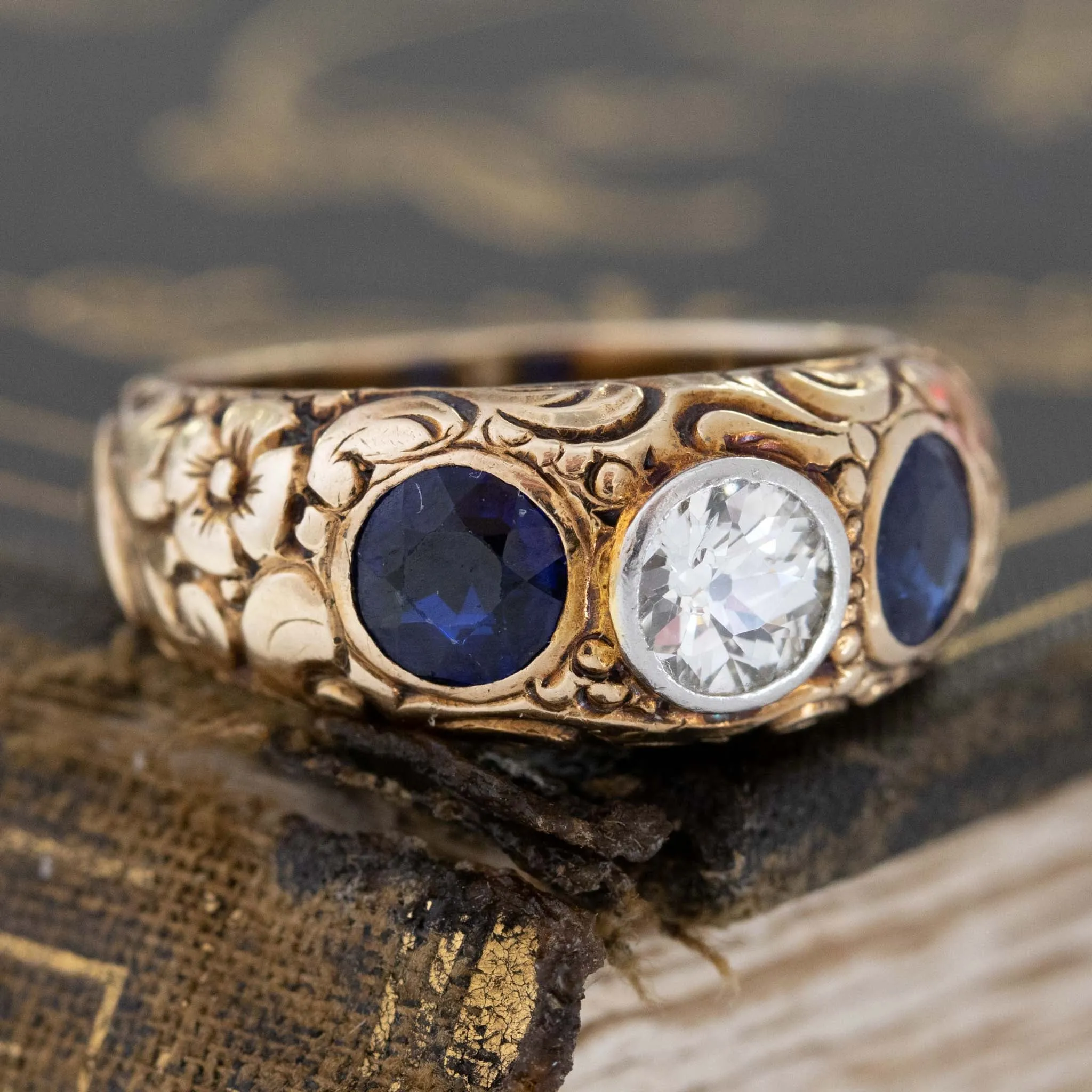 1.98ctw Diamond & Sapphire Trilogy Carved Dome Ring