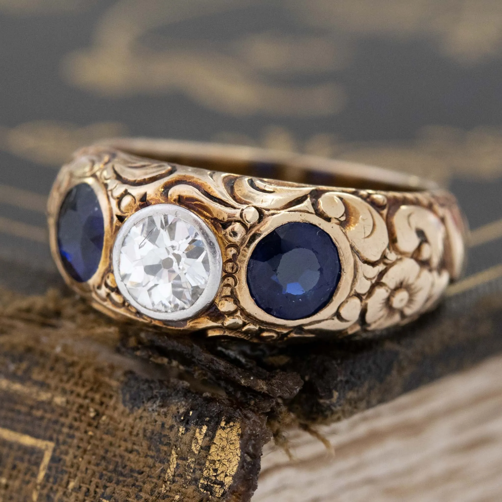 1.98ctw Diamond & Sapphire Trilogy Carved Dome Ring
