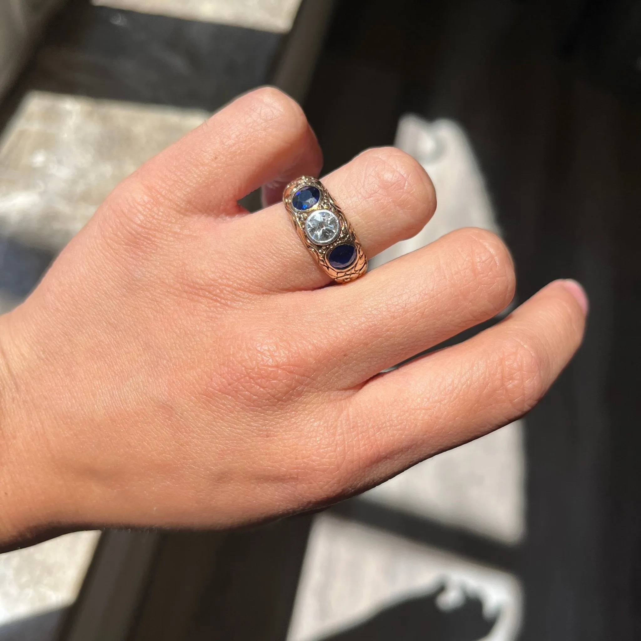 1.98ctw Diamond & Sapphire Trilogy Carved Dome Ring